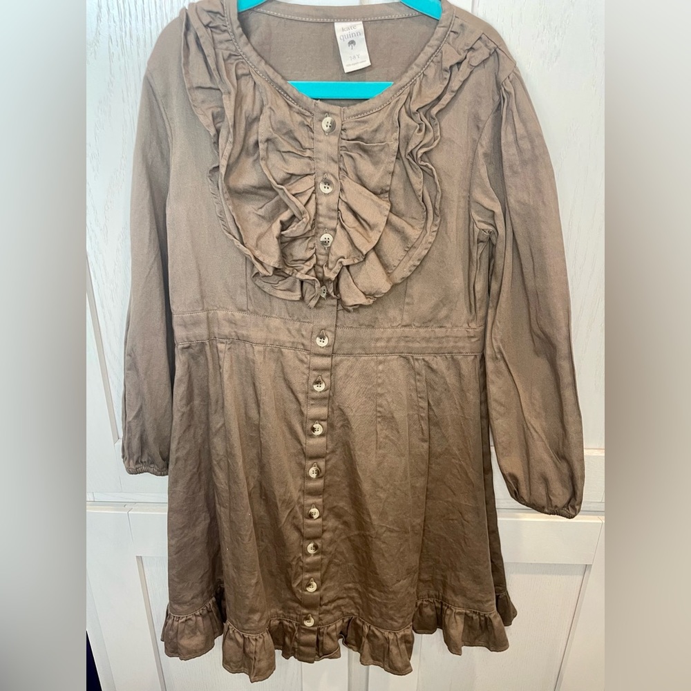 Kate Quinn dress- brown quarter length sleeve with ruffle and button detail